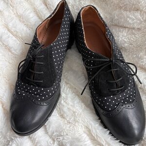 Julia Bo Black Leather Laceup Oxford Lenox Gatsby Polka Dot Shoes 39 8.5